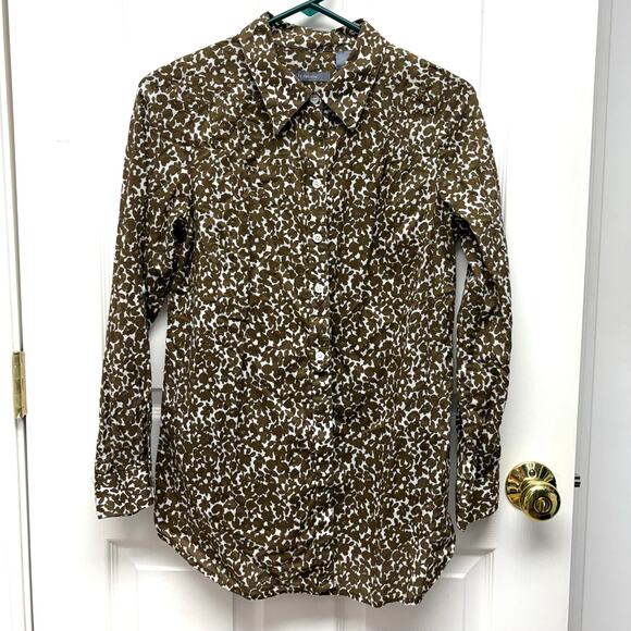 Liz Claiborne Blouse, Brown White Light Cotton Floral Button Up, Women's Size MP - Picture 1 of 7